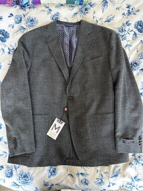Men's Ted Baker Linen/Wool Blend Charcoal Grey Textured Two-Button Sportcoat 46R